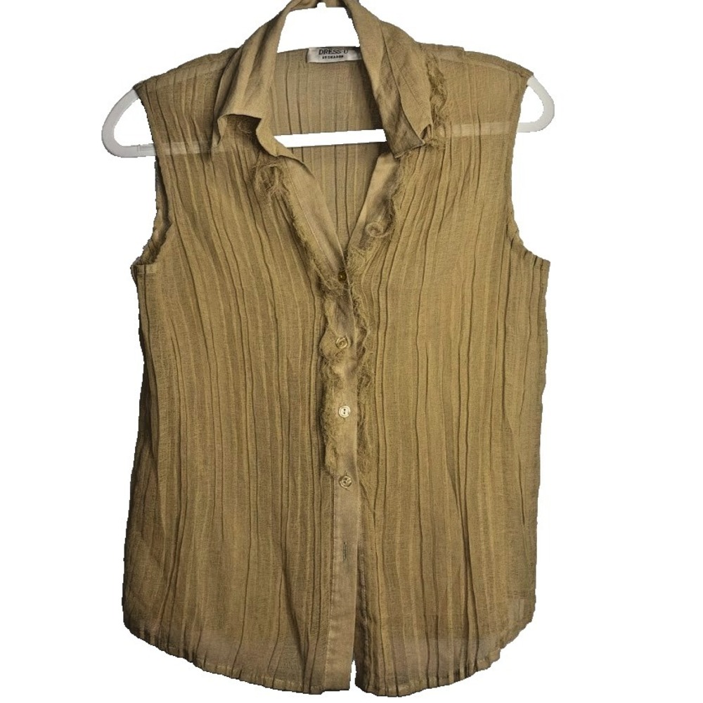 Dress-U By Sharon‎ Women's Tan Accordion Pleated Sleeveless Top Med Button Front